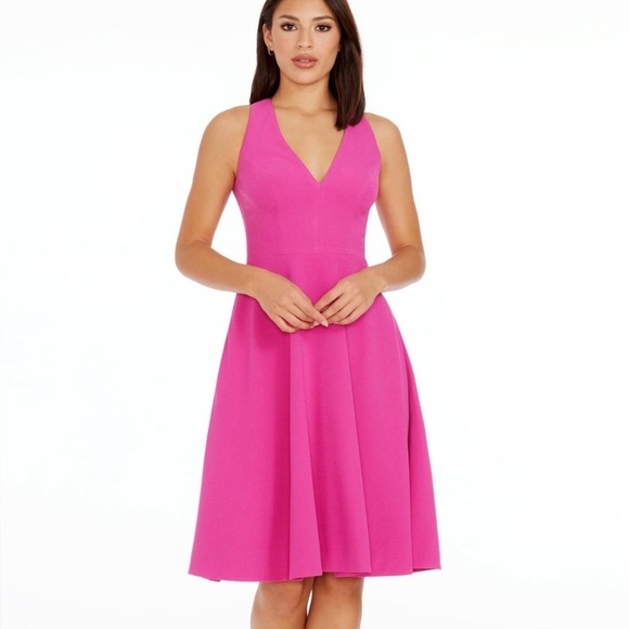 Dress The Population NWT Catalina Dress Bright Fuchsia VNeck Fit & Flare Midi S - Picture 2 of 16